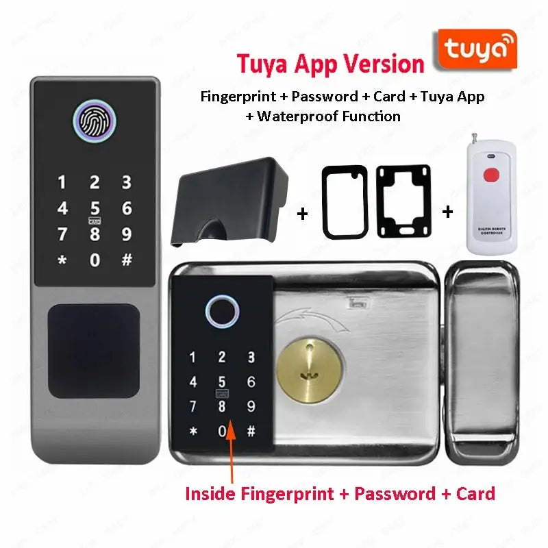Fingerprint smart door lock kit by Simples Market for outdoor waterproof use with Tuya app, remote and card access