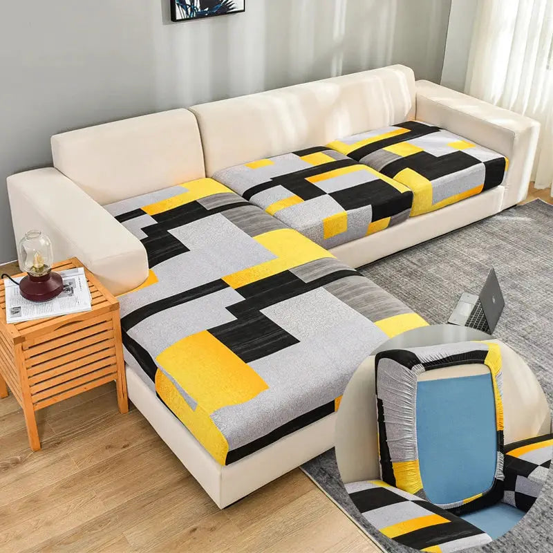 Geometric print sofa cover for corner couch by Simples Market; elastic stretch slipcover in yellow, gray, black