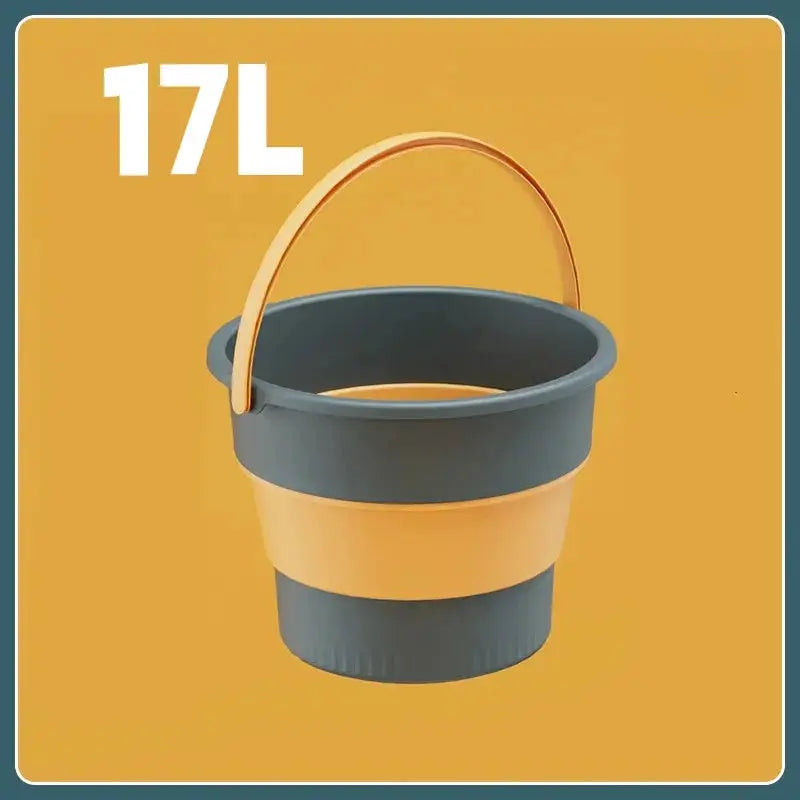 Folding silicone bucket, 17L, blue with yellow band and orange handle, Simples Market