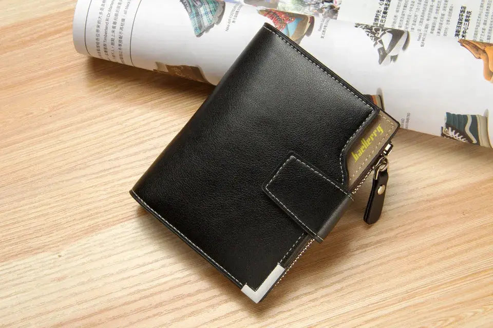 Baellerry short luxury men's wallet in black leather with zipper coin pocket