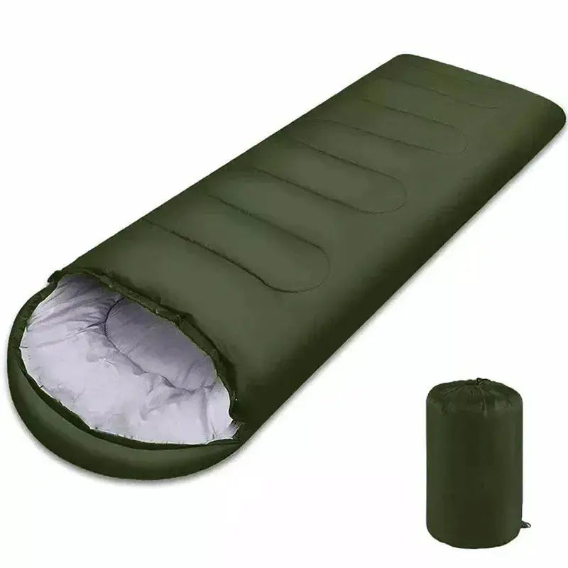 Simples Market olive-green mummy sleeping bag, 4-season camping gear with white inner lining and carry sack