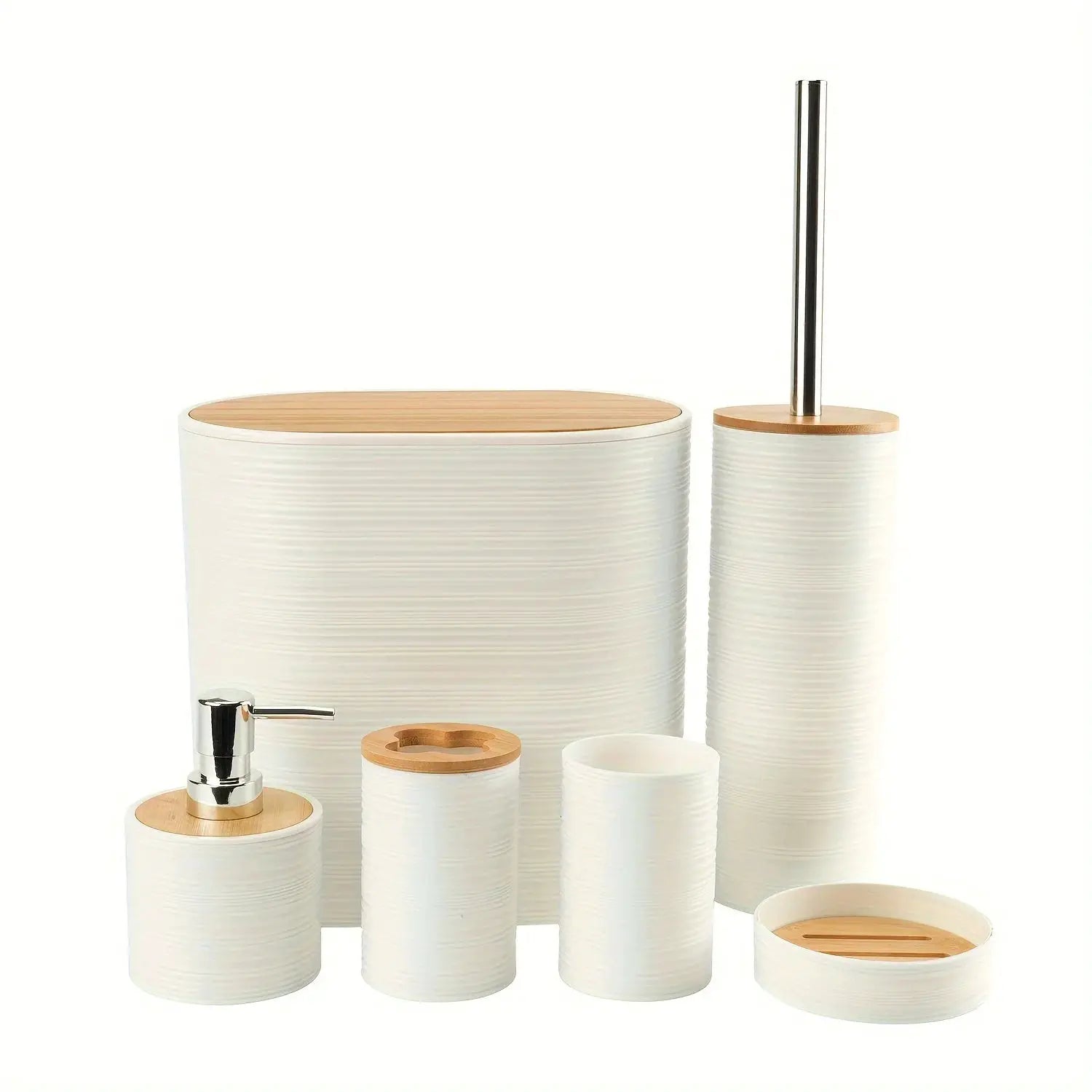 6-piece bathroom accessories set by Simples Market; white textured ceramic with bamboo lids for countertop vanity
