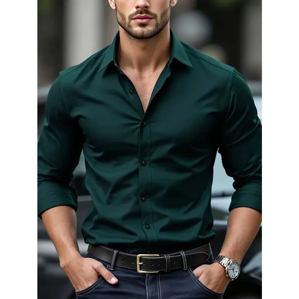 2025 Men's Solid Color Long Sleeve Shirt Elastic Smart Casual Four Season Business Shirt