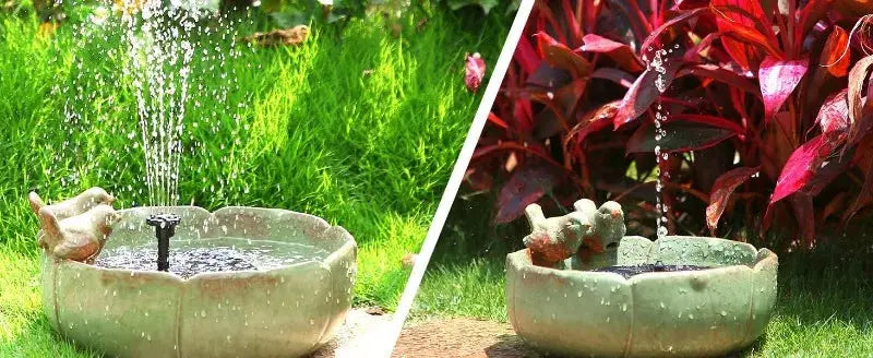Outdoor solar fountain pump kit with 6 nozzles in a stone garden pond bowl, duck decor