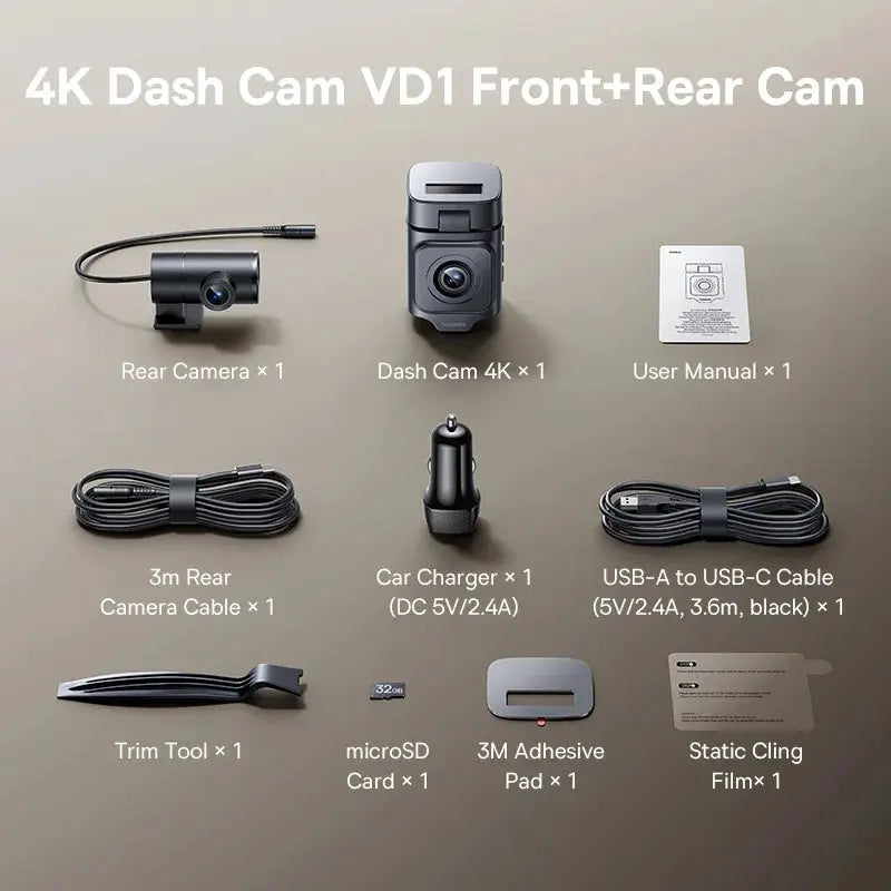 Baseus VD1 Pro 4K dash cam front+rear kit in black with 2 cameras, car charger, USB-C cable, and 32GB microSD
