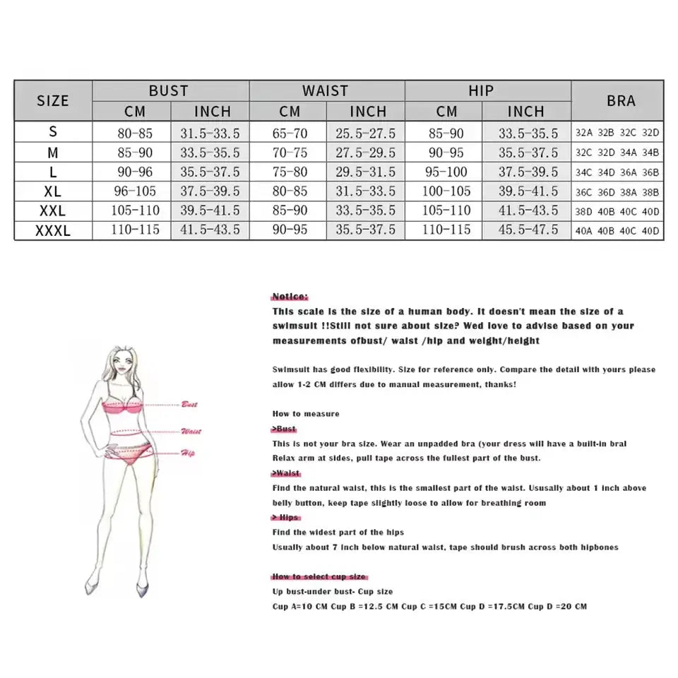 Sexy women bikini set by Simples Market; pink thong bikini illustration plus size chart (2 items)