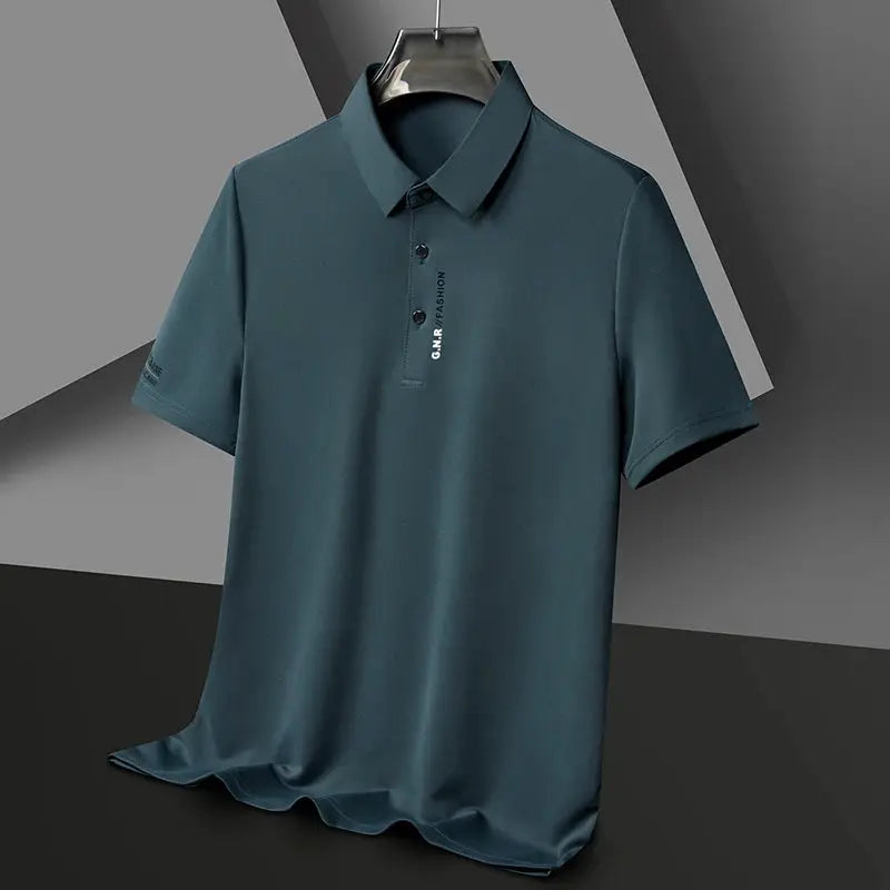 Men's short-sleeve teal polo shirt, solid color with collar and placket