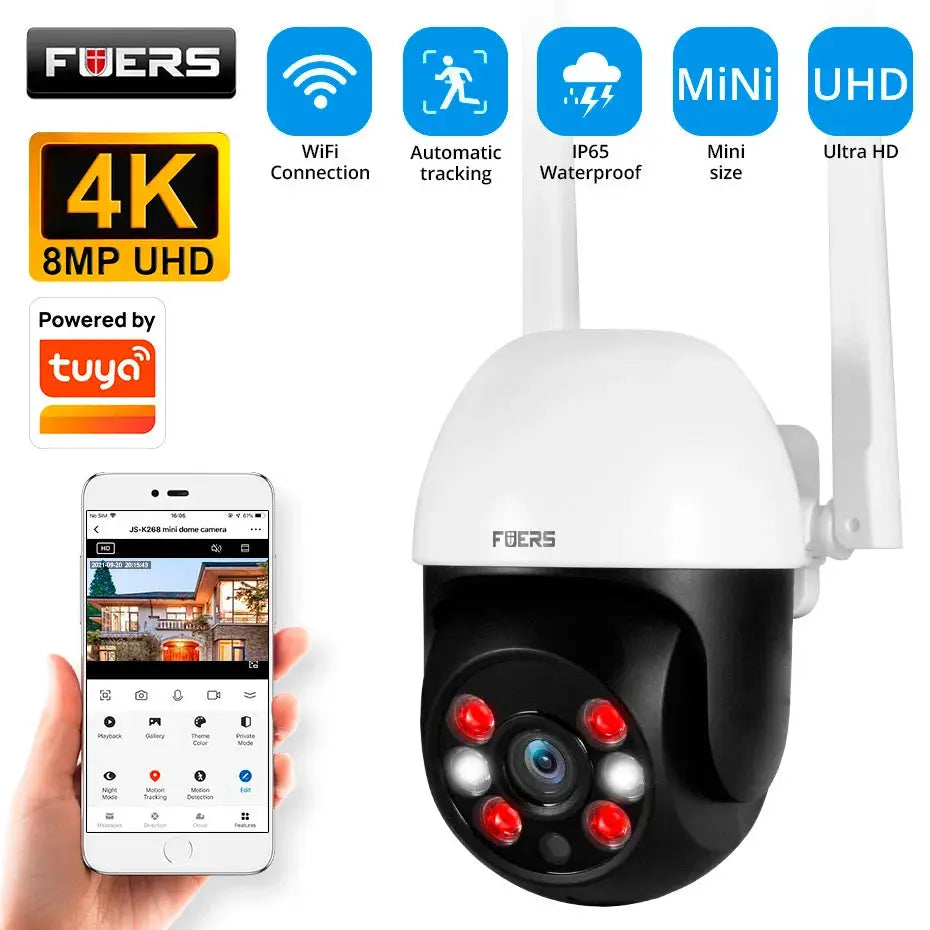 Fuers outdoor 4K IP camera with white housing, black lens, 4 IR LEDs; WiFi, auto-tracking, Tuya compatible.