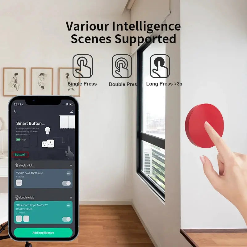 Zigbee smart wireless button switch with a red circular wall button and Tuya Smart Life app UI on a smartphone