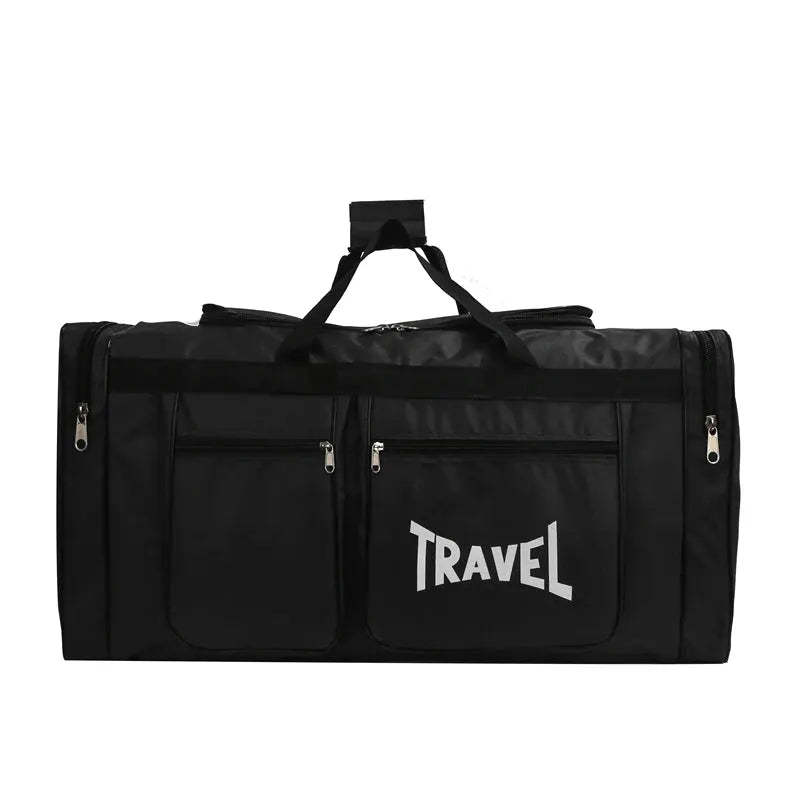 Large-capacity travel duffel bag by Simples Market, black nylon with multiple zip pockets and front Travel print.