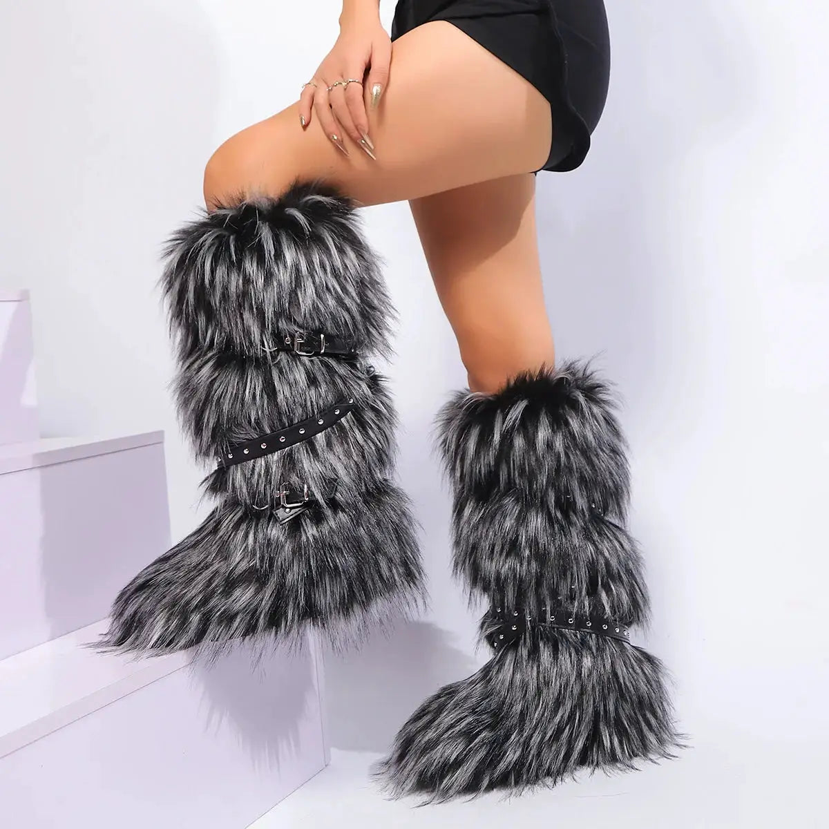 SnowNest Winter Faux Fur Snow Boots For Women Warm Plush Lined Platform Over Knee Boots