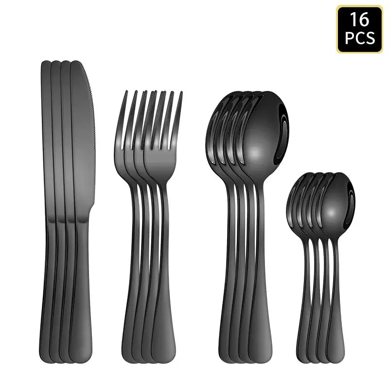 Black Stainless Steel Cutlery Set 1010 Round Handle Knives Forks Spoons 4 6 16 24 Piece for Home and Hotel