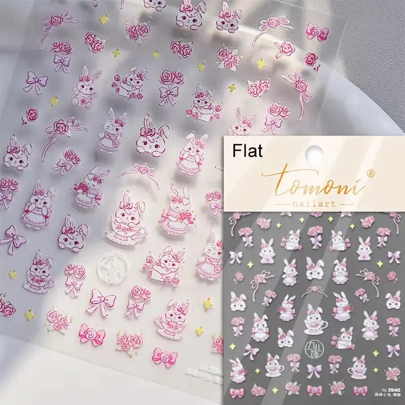 Nail art stickers: pink translucent jelly-textured 5D self-adhesive decals with bunnies, roses and bows for a cute manicure by Tomoni for Simples Market
