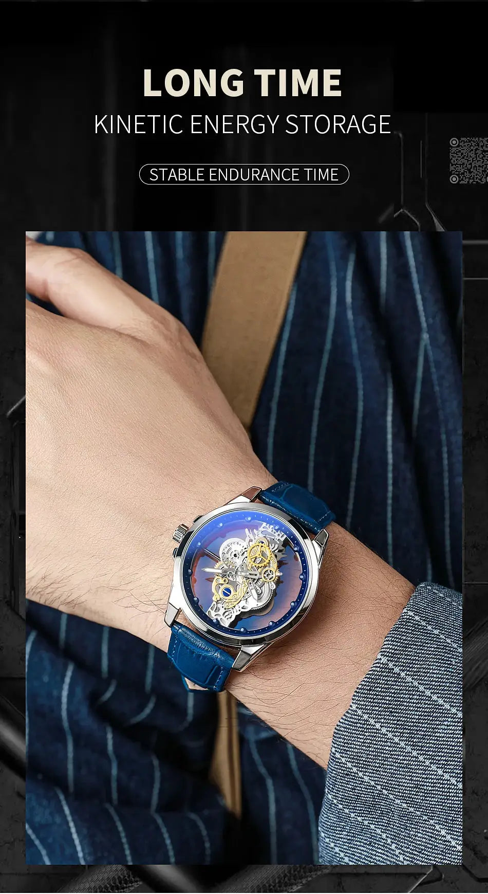 Men's skeleton automatic wristwatch with blue leather strap, silver case, and gold-tone gears by Simples Market TPW