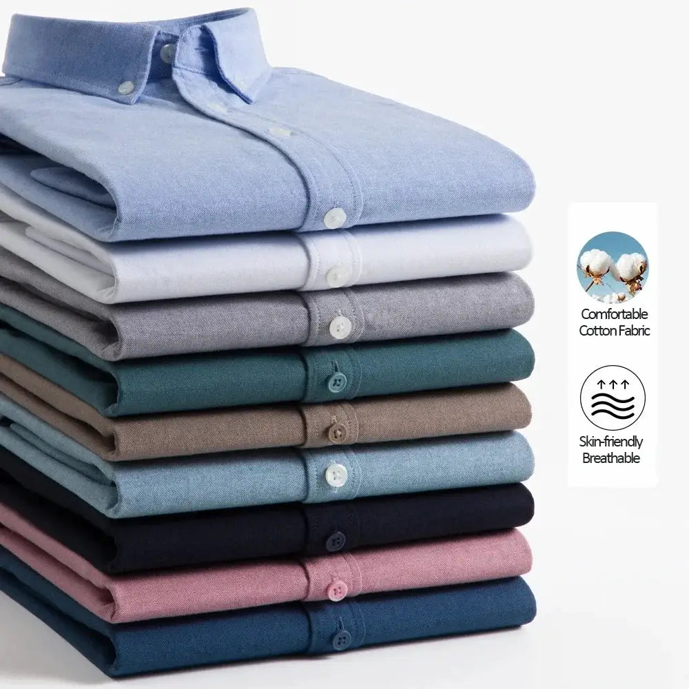 Men's Slim-Fit Oxford Cotton Shirt stack with long sleeves in pastel colors, breathable fabric by Simples Market.