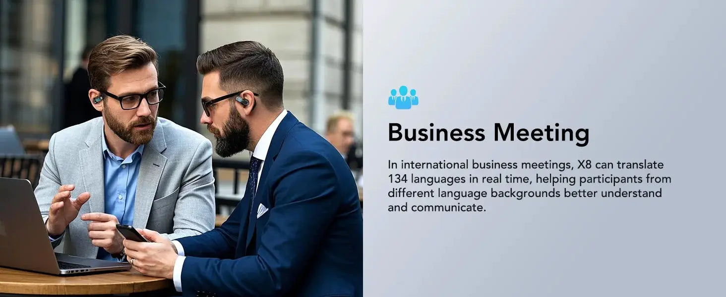 ERAZER X8 AI Translator Earbuds by Simples Market; black wireless Bluetooth 5.4 earphones worn by two businesspeople
