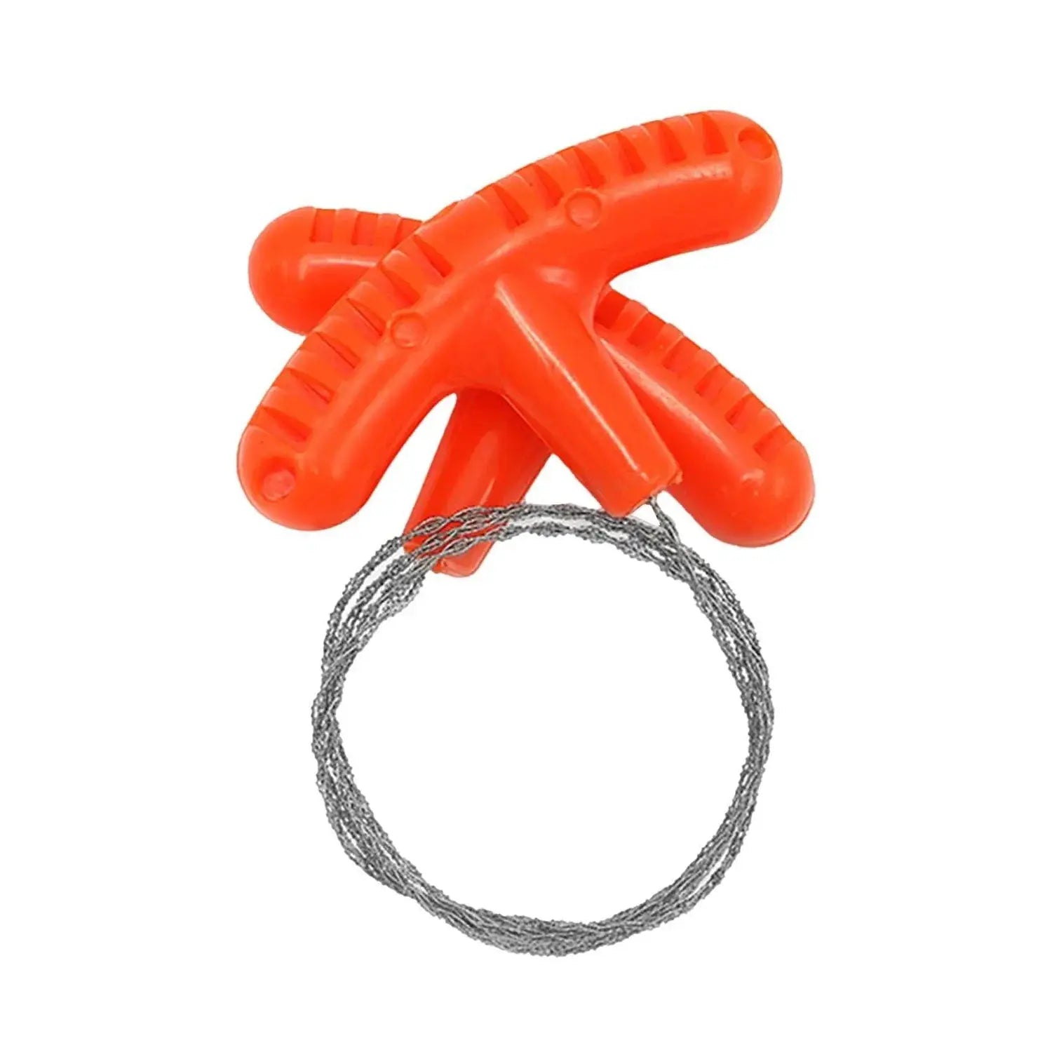 Orange portable survival chain saw with four grip handles and steel wire rope loop.