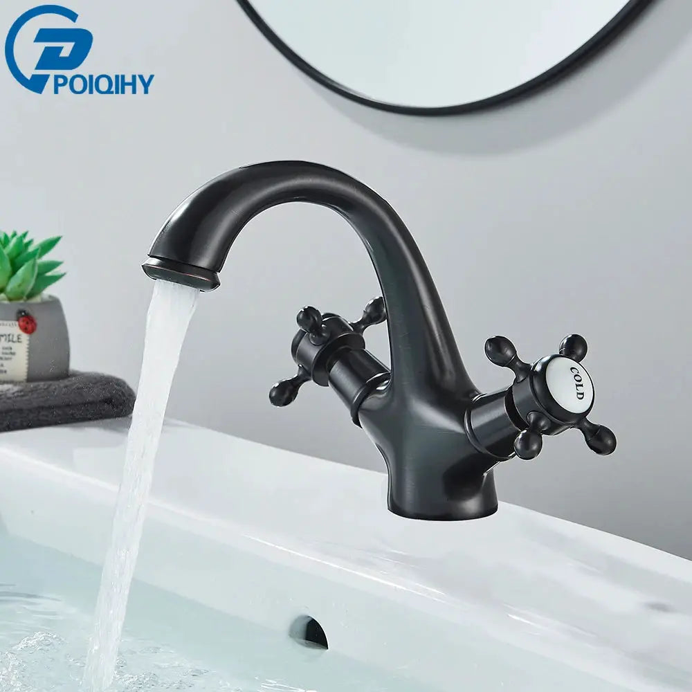 Antique black deck-mounted bathroom faucet with two cross handles by POIQIHY for washbasin