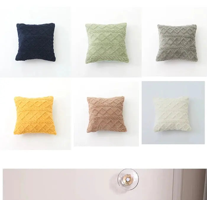 Six plush lumbar pillow covers for 30x50 cm indoor sofas in navy, sage, grey, mustard, peach, and ivory