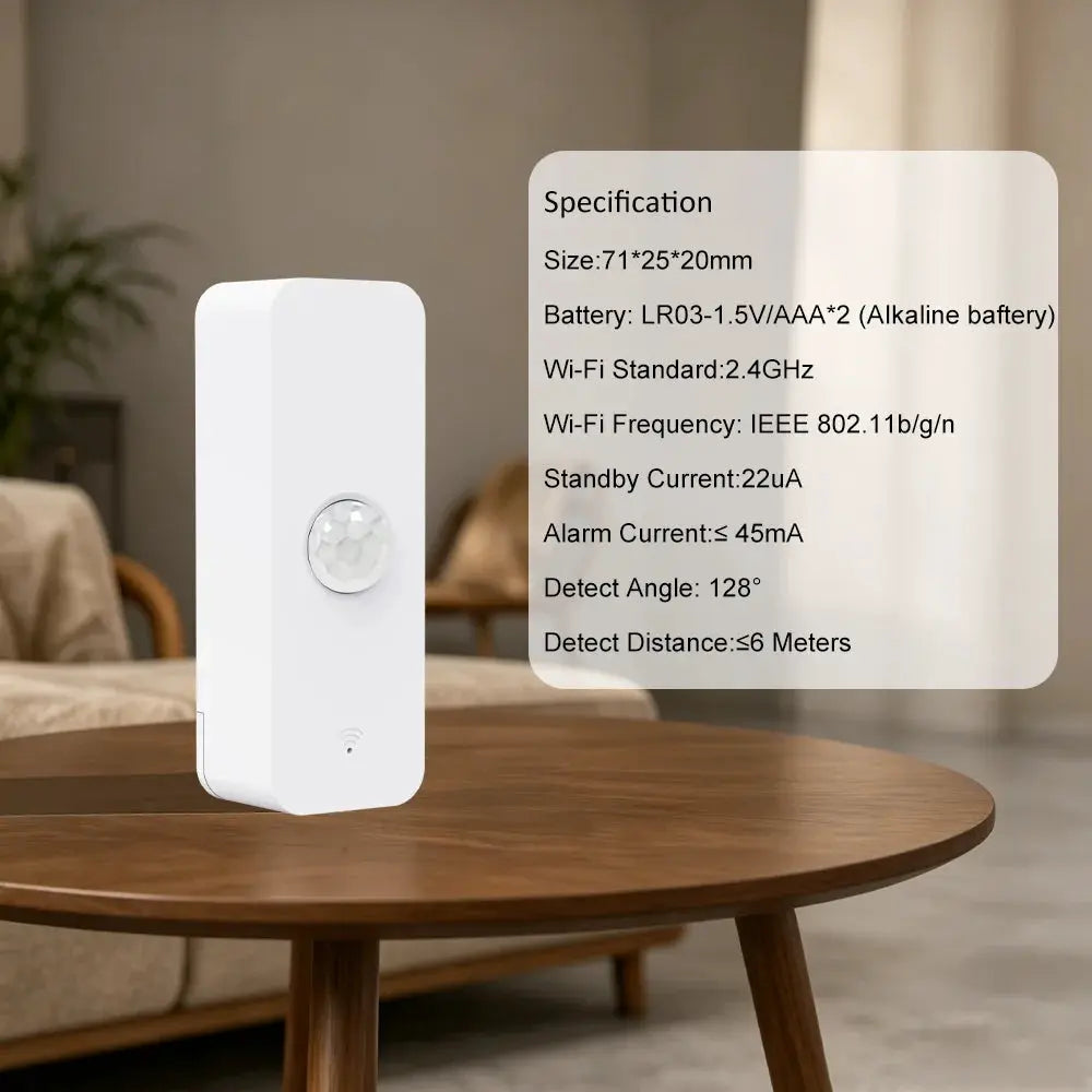 Tuya Zigbee PIR motion sensor by Simples Market, white plastic housing with a round infrared detector