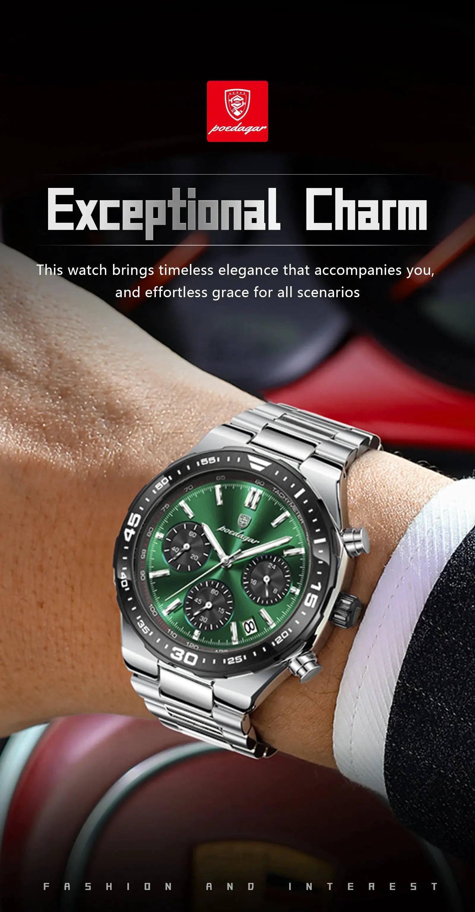 POEDAGAR men's quartz watch, stainless steel bracelet, green dial with date chronograph and waterproof