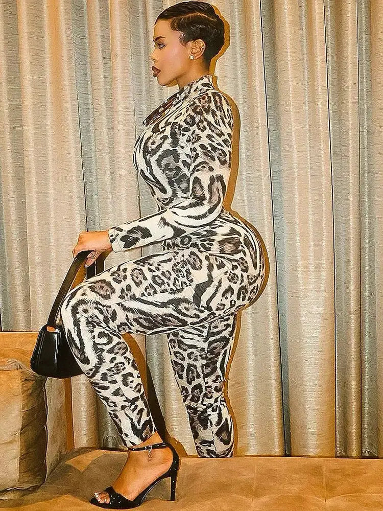 Women's leopard print jumpsuit with turtleneck and long sleeves, cream base with black spots, skinny fit