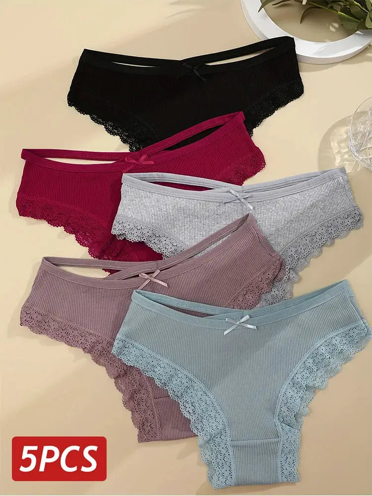 Simples Market 5PCS lace-trimmed cotton briefs for women in black, burgundy, gray, mauve and light blue with bow accents