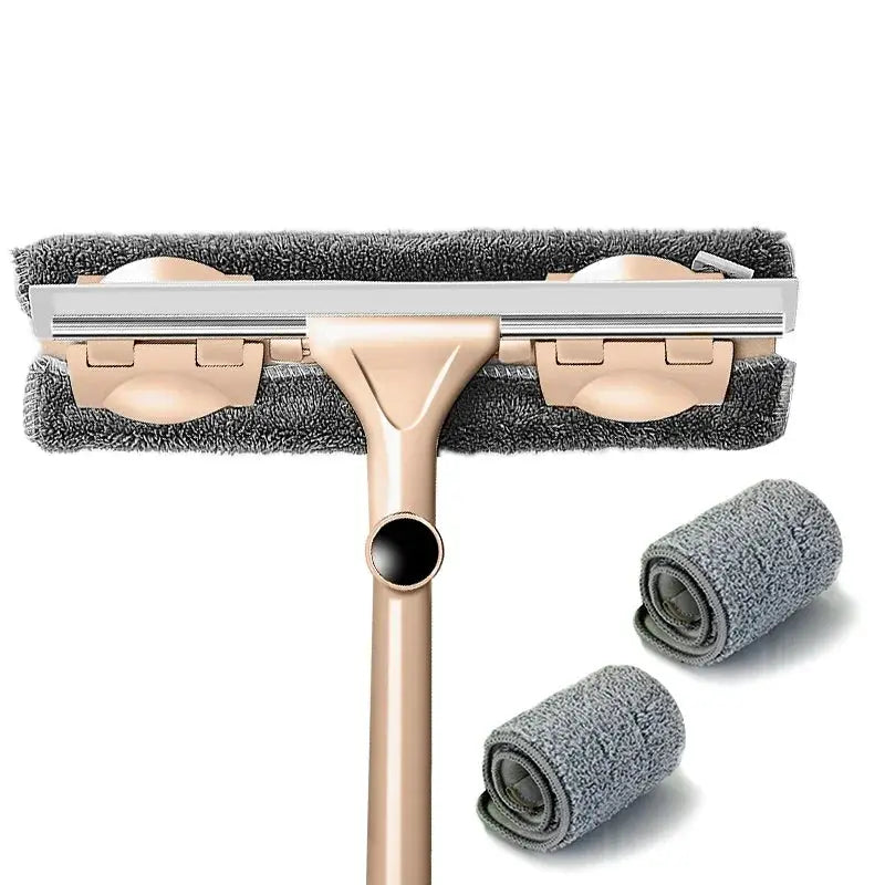 Telescopic window cleaning mop by Simples Market with long handle and double microfiber pads; includes two rollers.