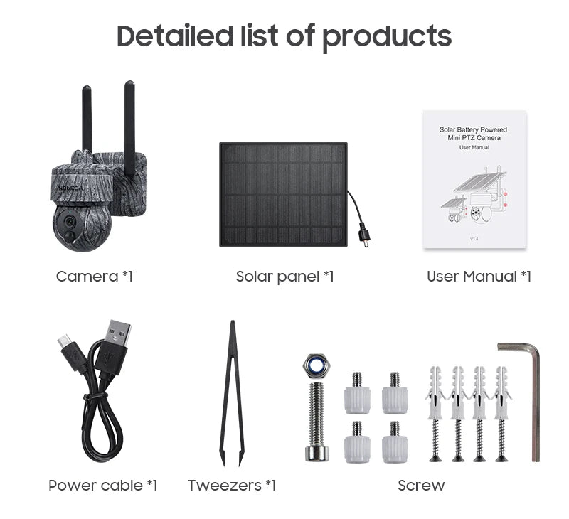 INQMEGA solar PTZ camera kit with solar panel, user manual, power cable, tweezers and screws (1 each)