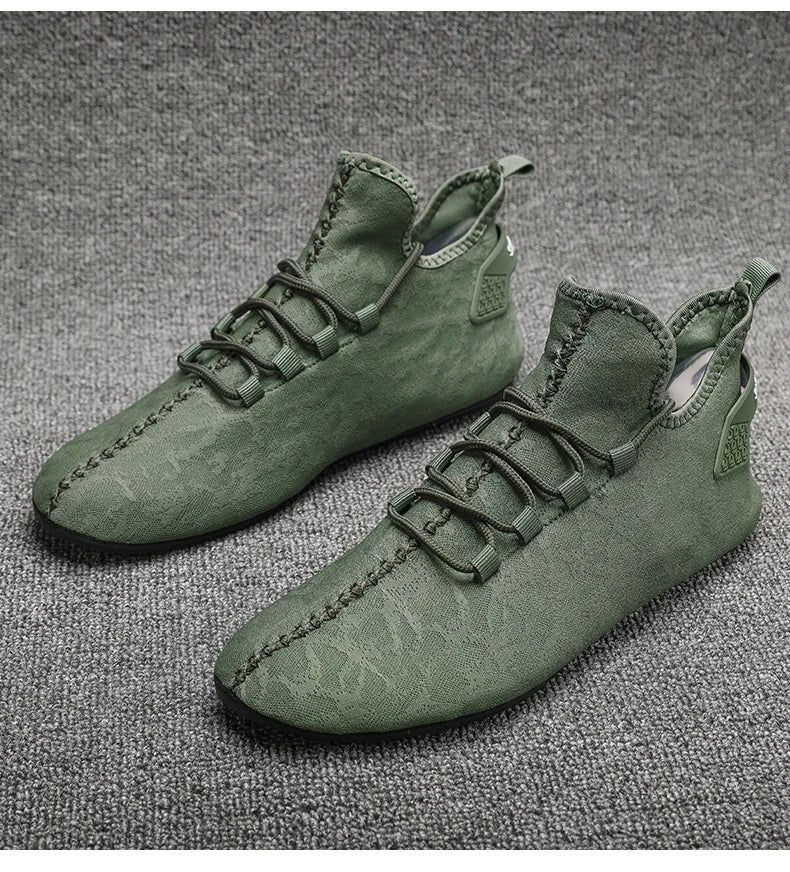 YRZL men's olive green mesh loafers, driving moccasin style with lace-up front, breathable casual shoes