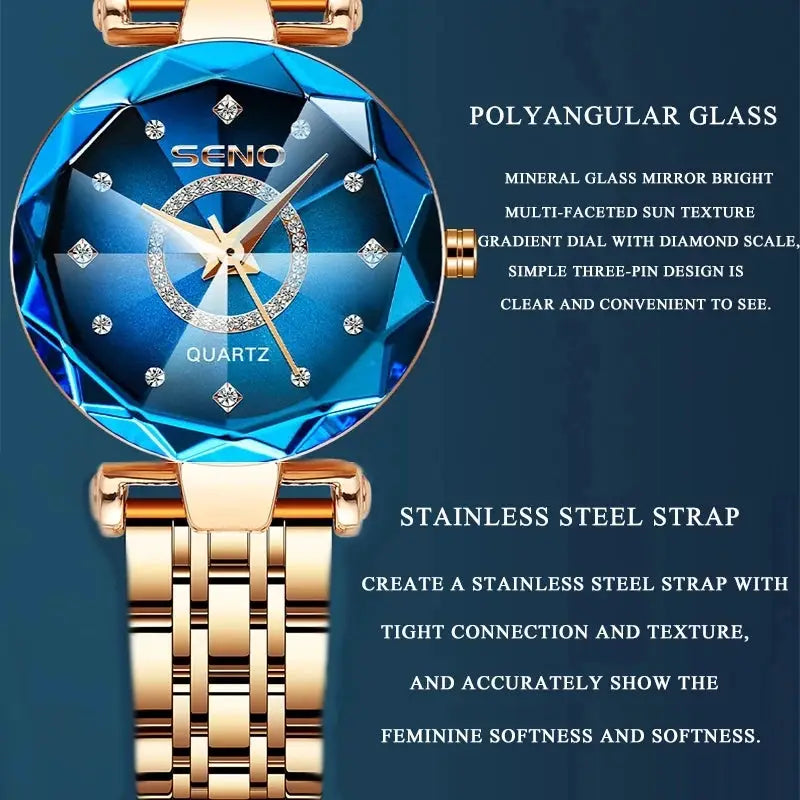SENO Ocean Star Women Crystal Watch Rose Gold Bracelet Luxury Timepiece With Hardlex Window 2025