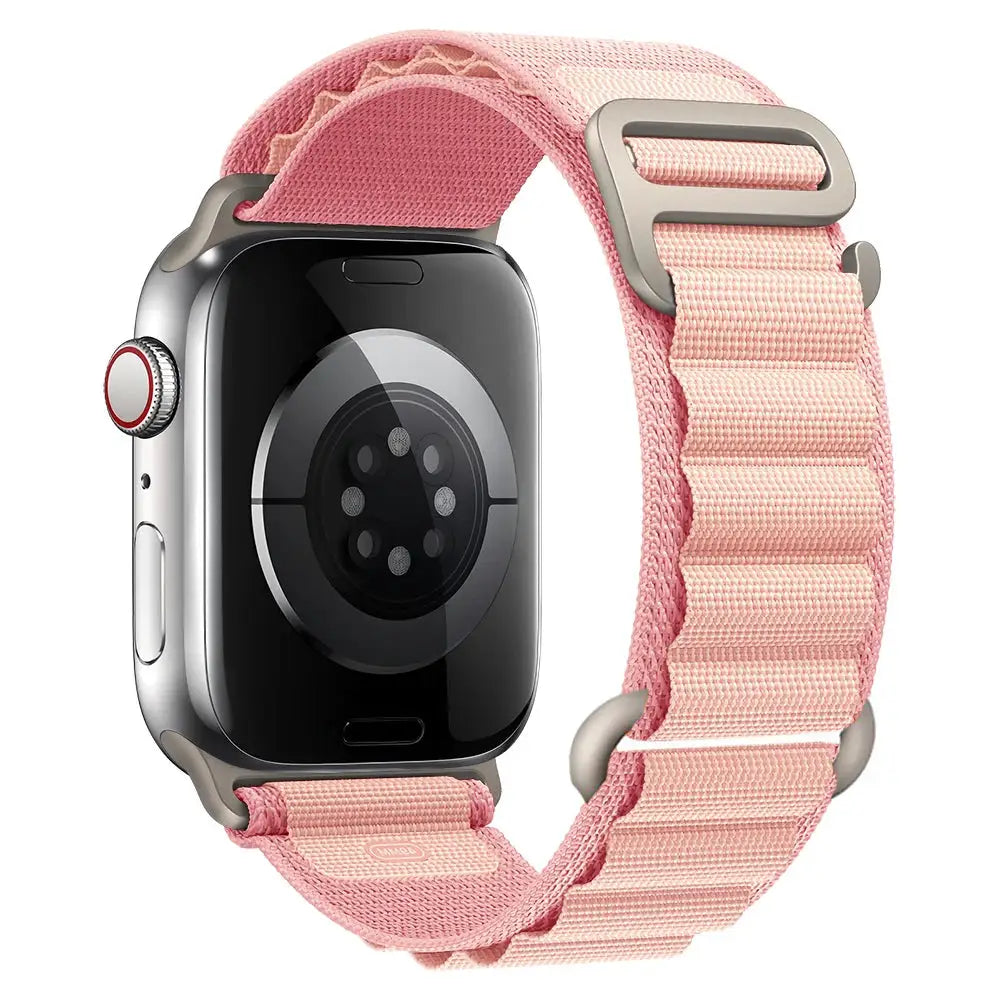 Pink nylon Alpine Apple Watch strap for 40–49mm models, adjustable with metal buckle