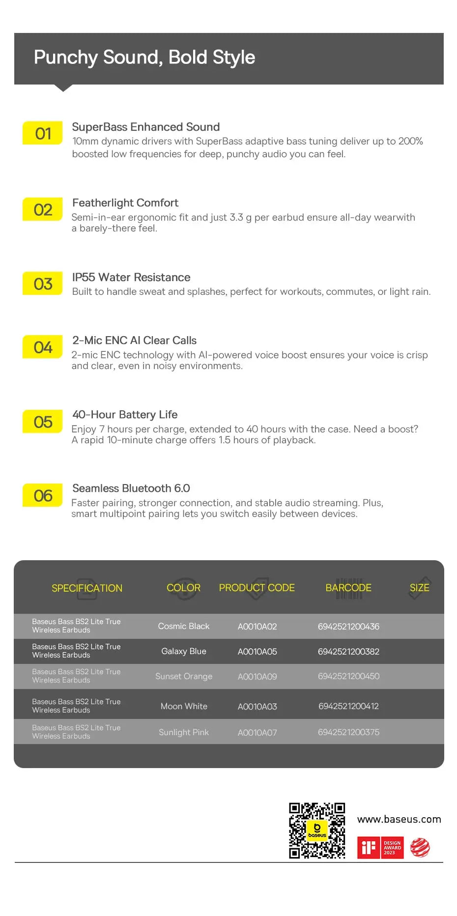 Baseus Bass BS2 Lite true wireless earbuds with 5 color variants