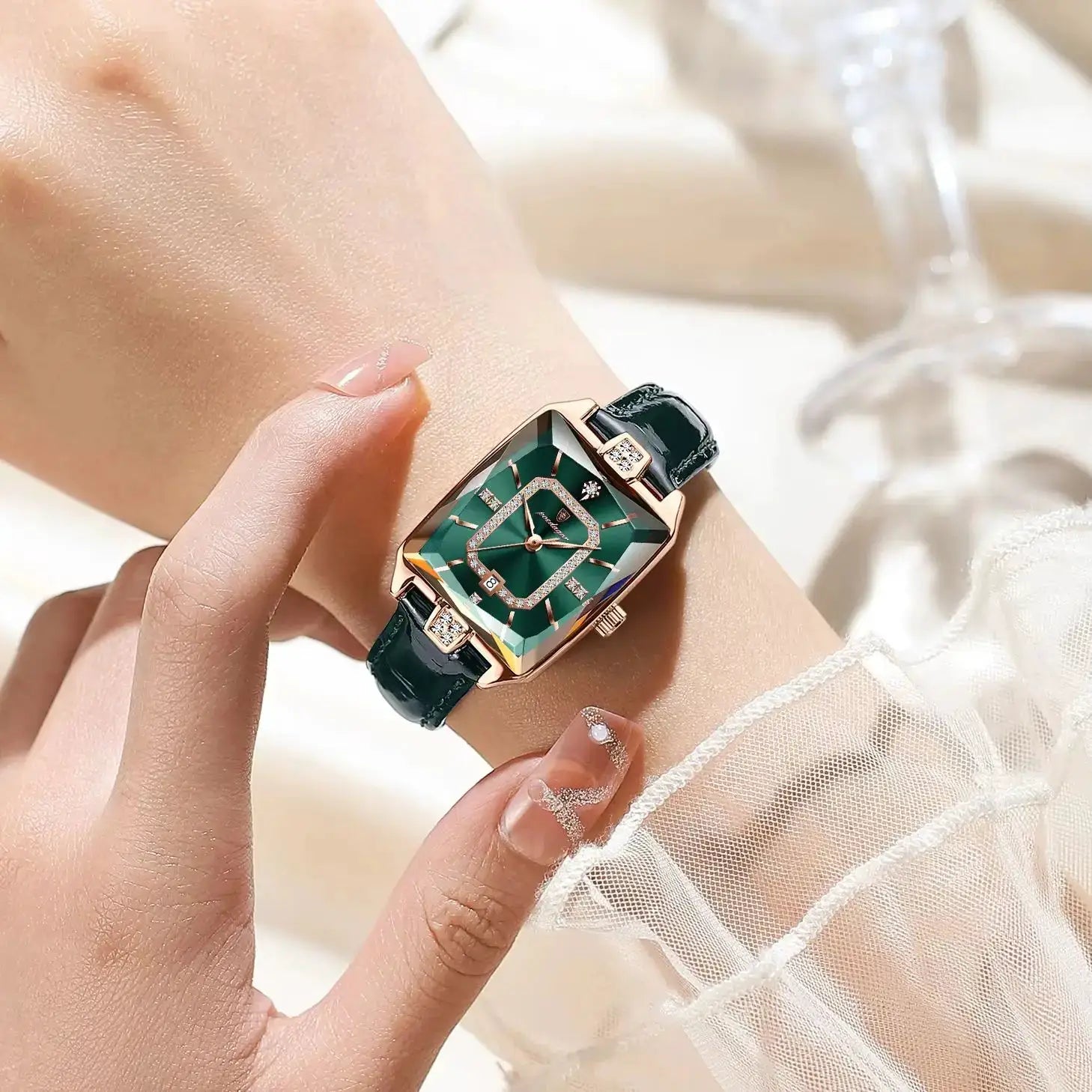 POEDAGAR Original Luxury Women’s Wristwatch; emerald-green dial, gold-tone case, crystal markers, leather strap