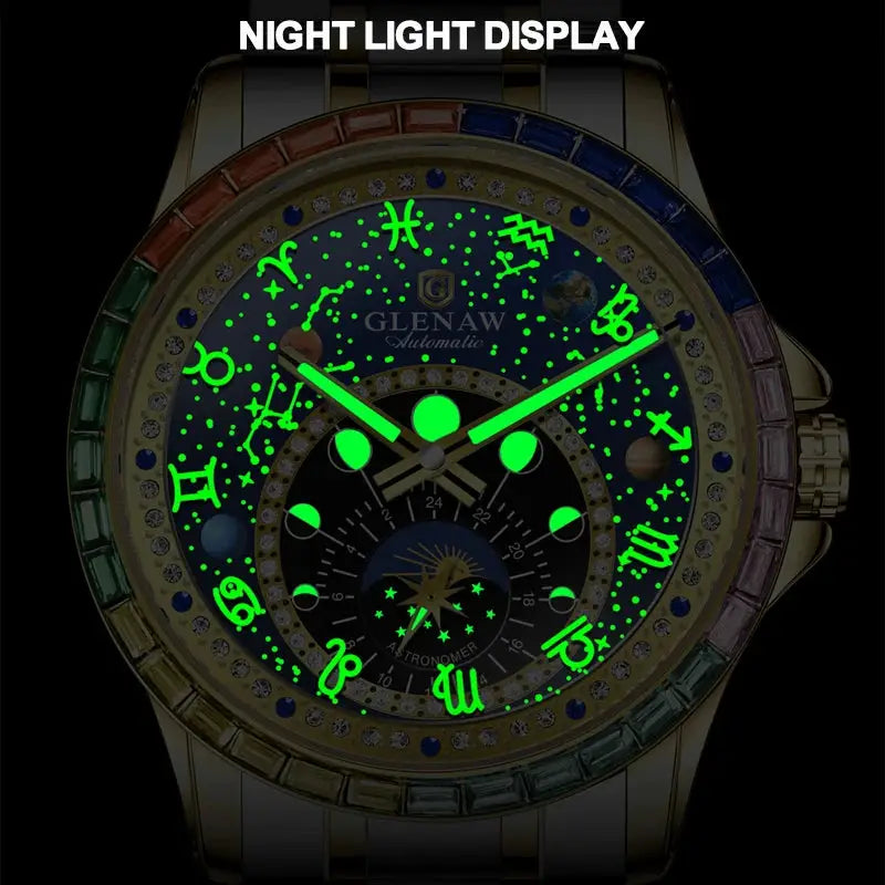 GLENAW Rainbow Circle Mechanical Watch with luminous constellation dial and night-light display