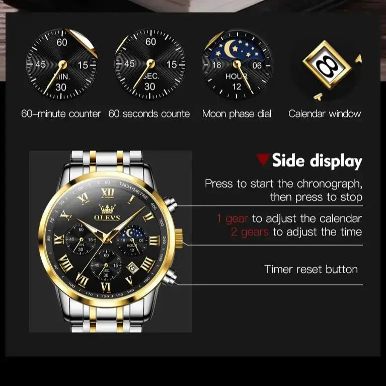 OLEVS 5529 luxury men's watch with stainless steel two-tone bracelet and black dial