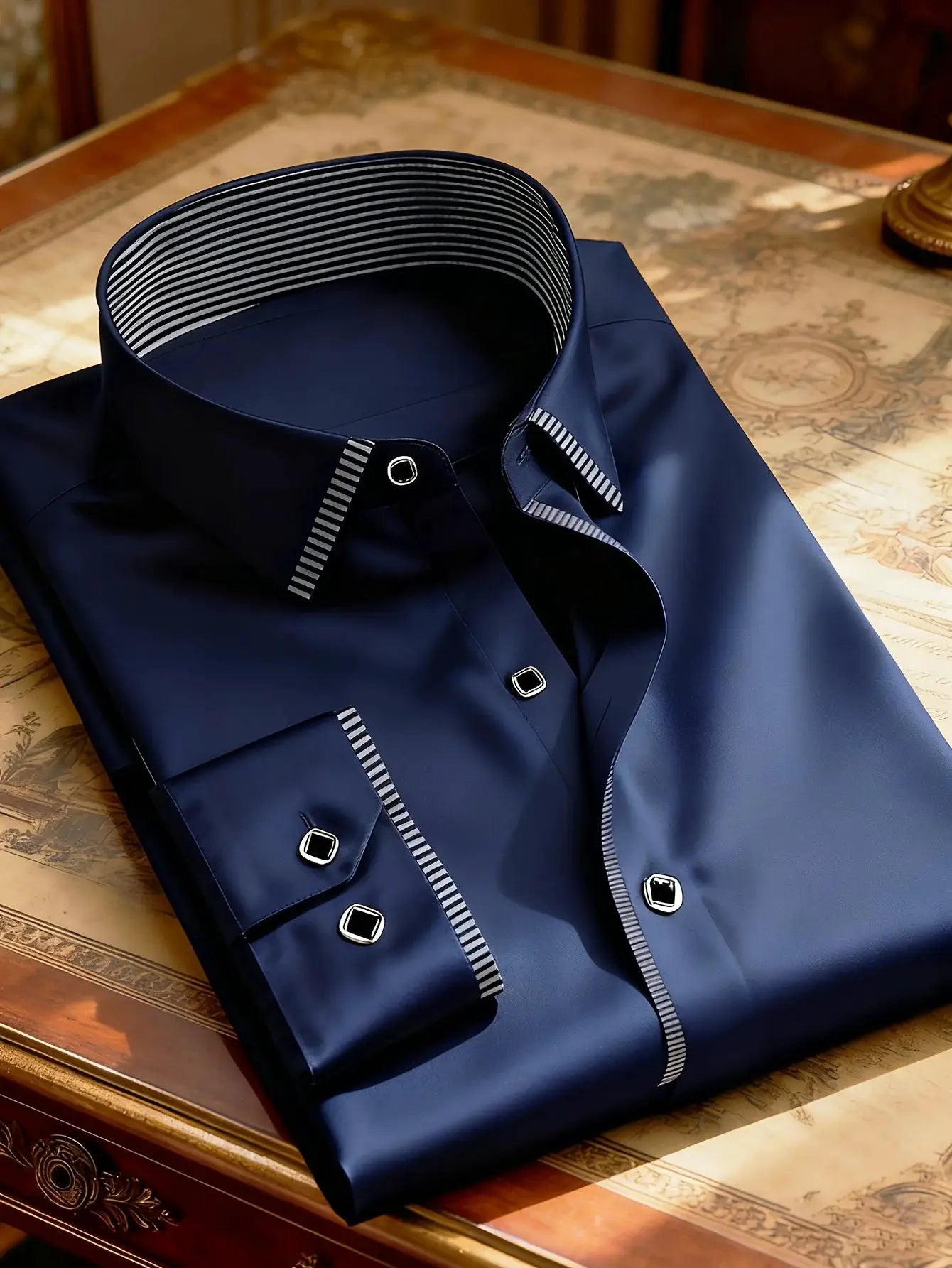 Men's navy dress shirt with striped inner cuffs and collar trim, metal square buttons