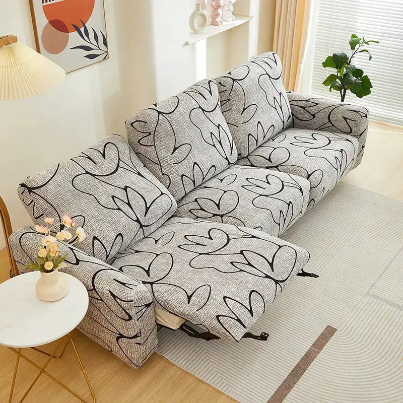 Elastic recliner sofa cover in light gray with black abstract print; Simples Market stretch slipcover for living room