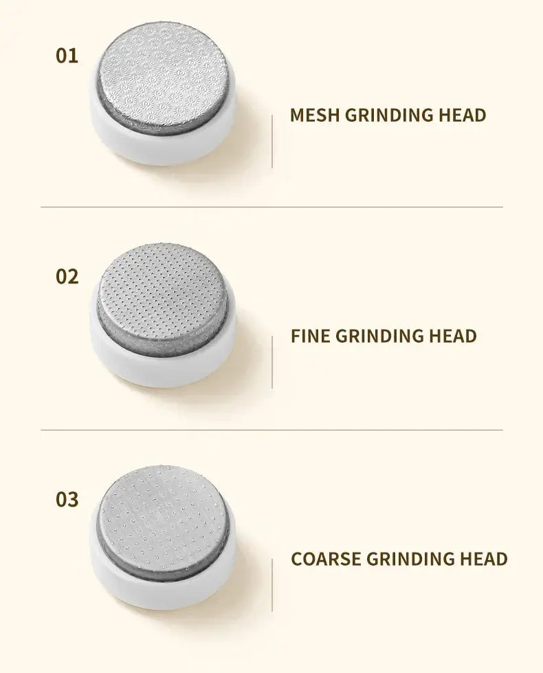 HOMEFISH electric foot grinder by Simples Market with three grinding heads: mesh, fine, and coarse, on a white base.