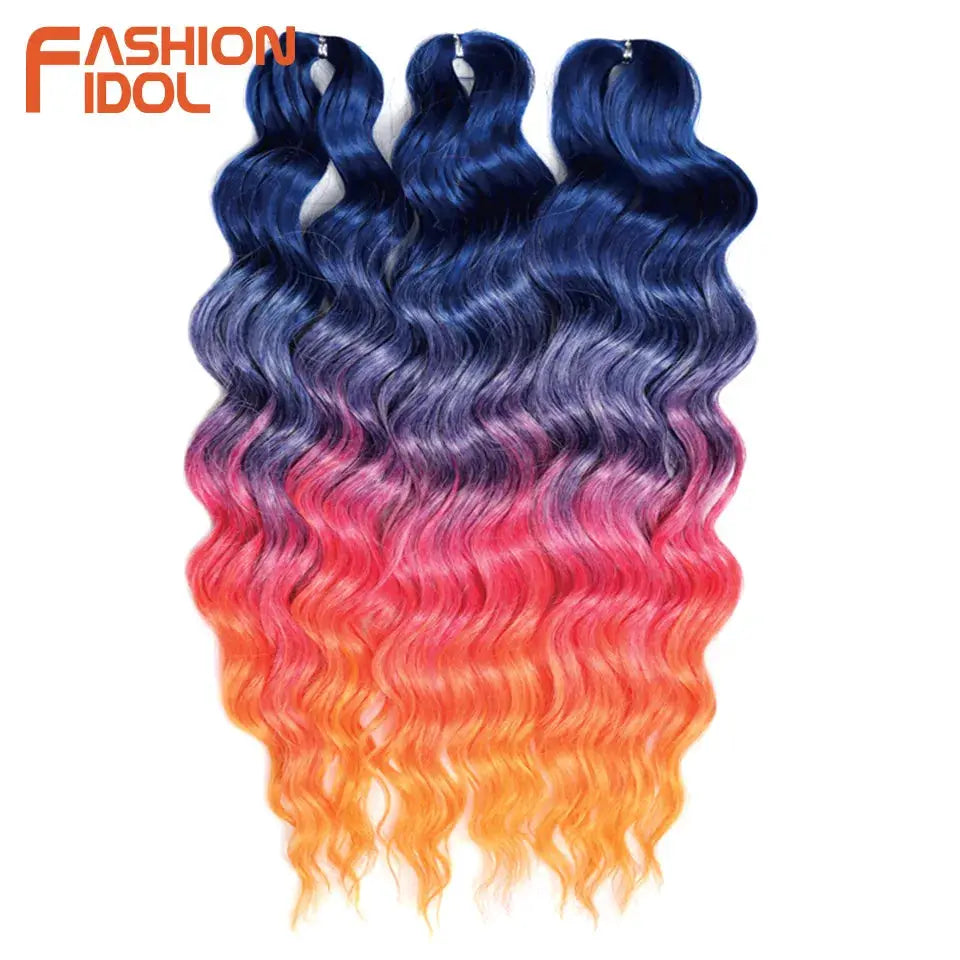 Anna 24in synthetic water-wave braiding hair extensions, 3 bundles, blue-to-orange ombre, Fashion Idol logo