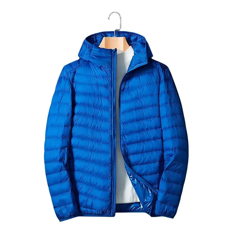 UETEEY men's ultralight down puffer jacket, blue, hooded