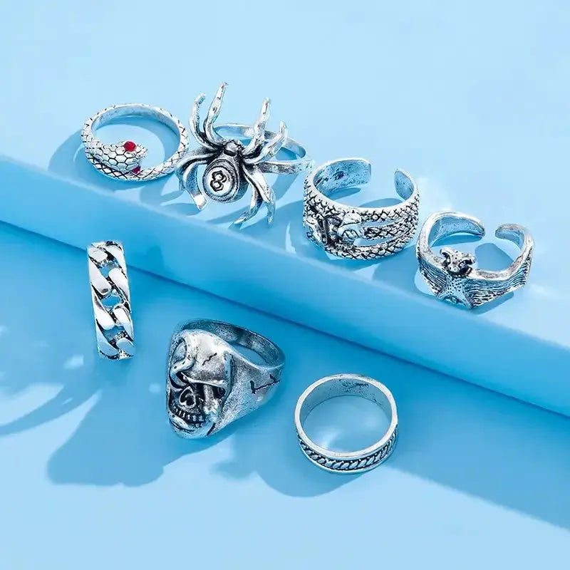 Punk Gothic Skeleton Ring Set Unisex Jewelry Grunge Butterfly Frog Motifs Hip Hop Street Style Ring Gift 2024