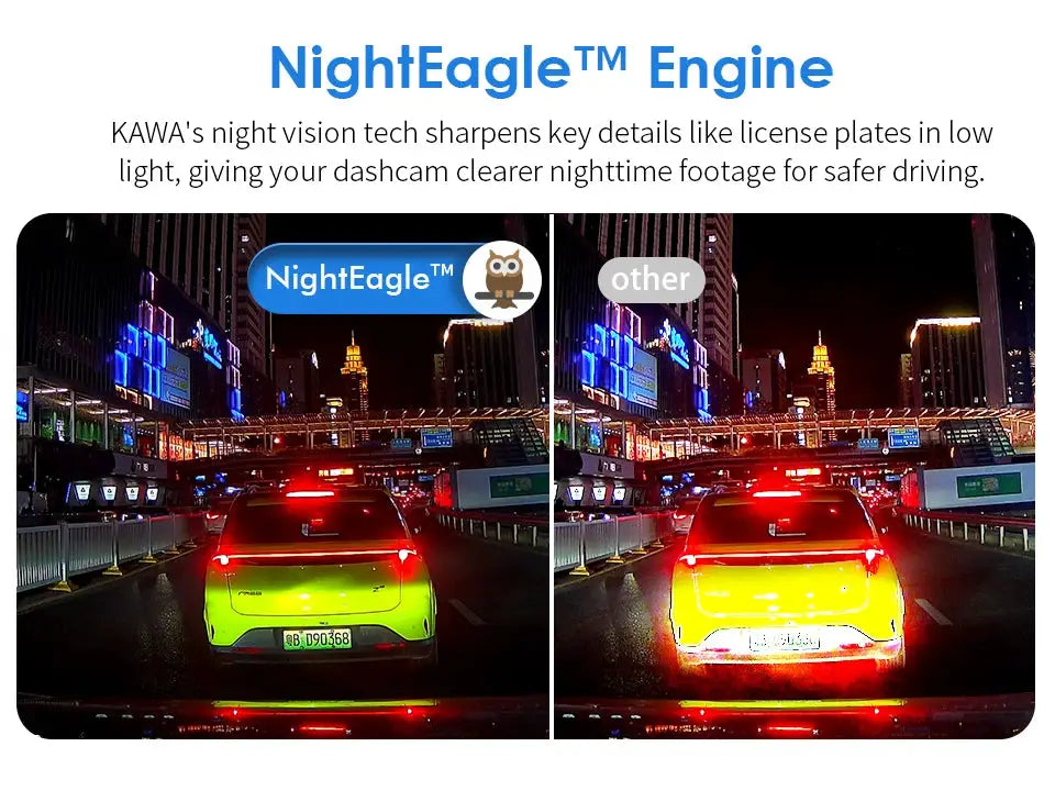 KAWA Mini 3 Gen2 dash cam car DVR with night vision; two-panel side-by-side night-city footage of neon lime car vs other.
