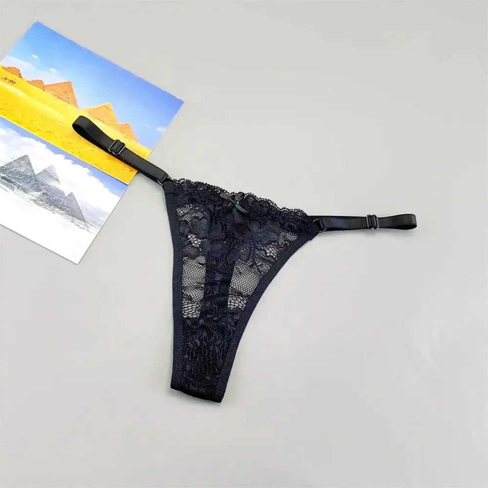 Black lace thong underwear for women with adjustable side straps, low-rise T-back