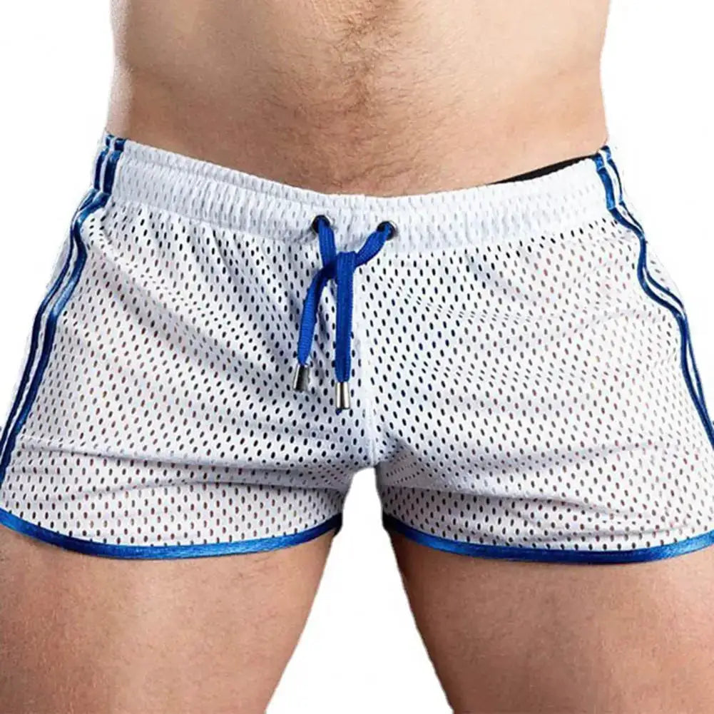 Men's white mesh sport shorts with blue drawstring and piping, elastic waist.