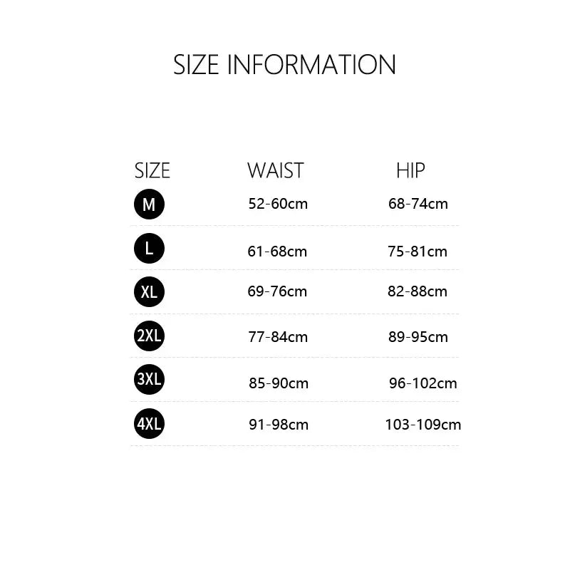 Cotton women's panties size chart showing waist and hip ranges in cm for M–4XL.