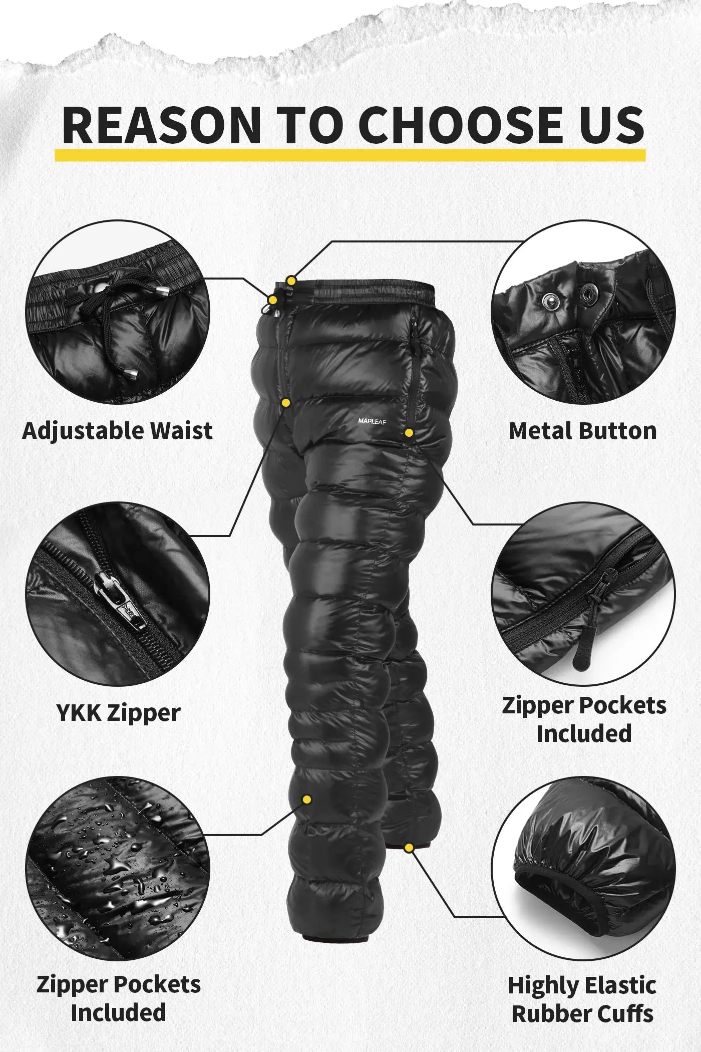 MAPLEAF Winter Down Pants by Simples Market; black ultralight 800FP, windproof hiking trousers with zipper pockets