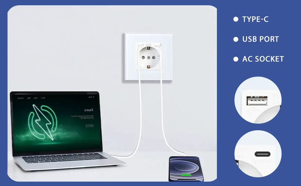 Simples Market BSEED EU standard wall socket with Type-C USB port on glass panel, charging laptop and phone, 16A