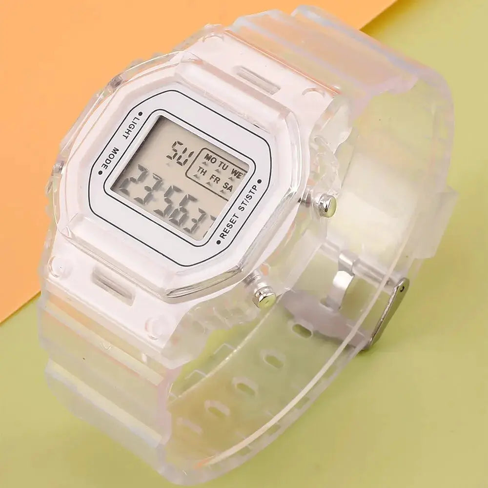 Simples Market LED digital watch with transparent silicone strap, unisex sports military style