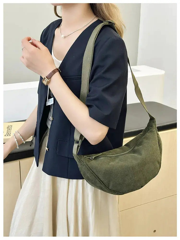 Corduroy women's hobo shoulder bag in olive green with crossbody strap, Simples Market